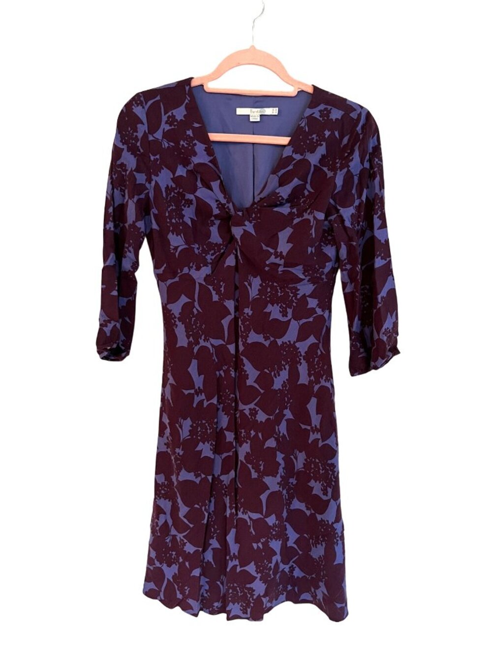 Boden Purple Floral Dress V-neck Three Quarter Sleeve Knee Length Lined US4 UK8